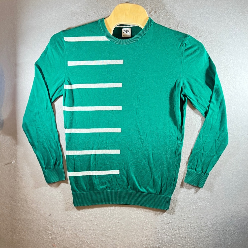 1071 | Zara Modern Striped Lightweight Cotton Crewneck Sweater Green Mens XL